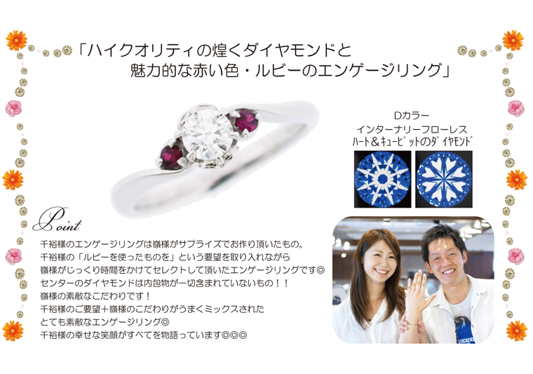 ハイクオリティの煌くダイヤモンドと魅力的な赤い色・ルビーのエンゲージリング